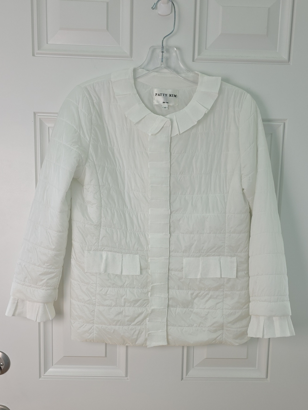 PATTY KIM White Quilted Ruffle-Trim Puffer Jacket.  Size XS